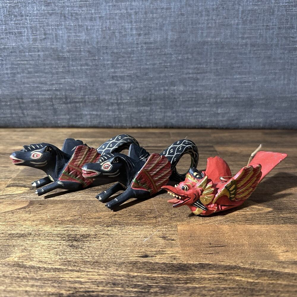 Balinese Wood Carved Dragon Hanger Ornaments 5 1/2” Long Group Of 3